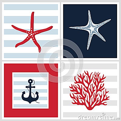 Four patterns with marine elements Vector Illustration