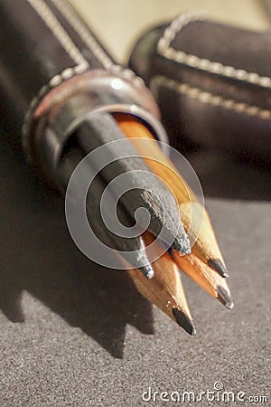 Four pencils in a pencil case Stock Photo