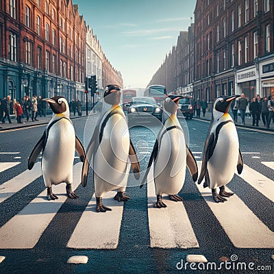 Four penguins crossing London Road Stock Photo