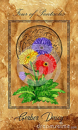 Four of pentacles. Minor Arcana tarot card with Gerber Daisy and magic seal Cartoon Illustration