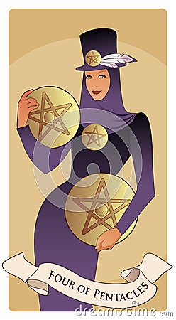 Four of pentacles. Tarot cards. Beautiful and elegant rich woman, wearing hat with feathers and four golden pentacles Stock Photo