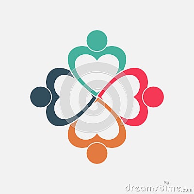 Four people heart in a circle holding hands.The summit workers are meeting in the same power room. Vector Illustration