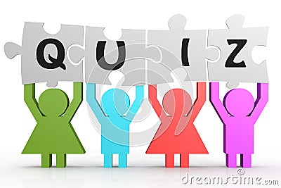 Four people hold puzzle with quiz word Stock Photo