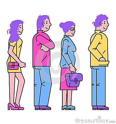 Four people standing in profile, line art style. Adult males and females, casual attire, no background. Social Cartoon Illustration