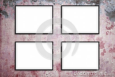 Four picture frames on vintage wall background - mock-up design for poster art Stock Photo