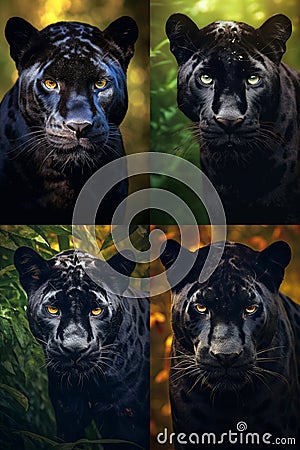 Four pictures of black panther large detail of face in focus with great detail Stock Photo
