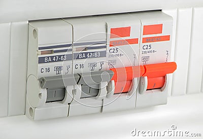Four pieces of automatic circuit breakers Stock Photo