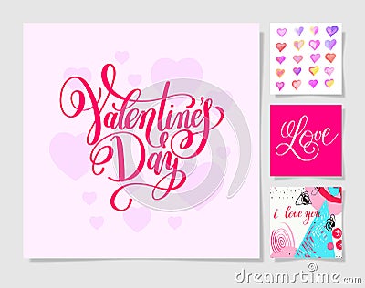 four pieces blank sheet of square paper with handwritten lettering and watercolor heart shape Vector Illustration