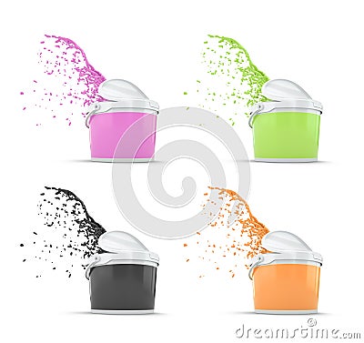 Four Plastic Cans With Paint Splashing Out. Over White Stock Photo