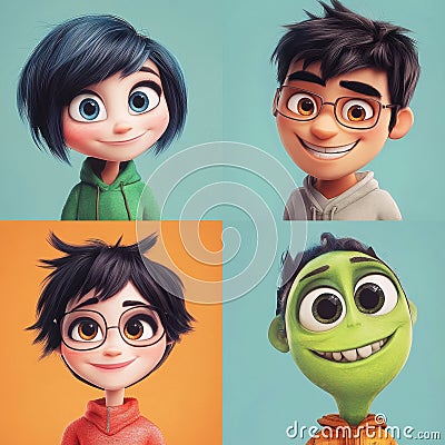 Four Playful Animated Characters with Vivid Expressions and Styles Stock Photo