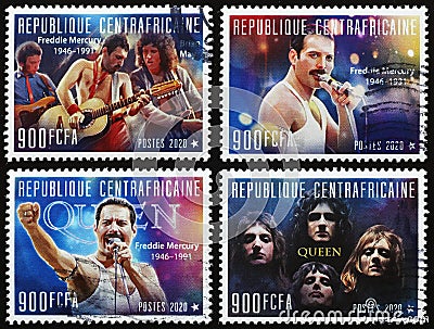 Four portraits of Freddie Mercury and the Queen on stamps Editorial Stock Photo