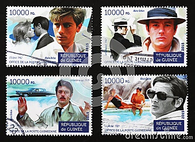 Four portraits of Alain Delon on postage stamps Editorial Stock Photo