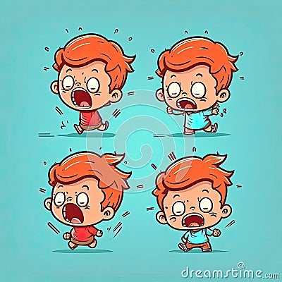 Four portraits of small boy crying and shouting on colorful background, funny cartoon character, school kid. Generative AI Stock Photo