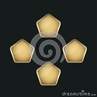 Four Premium buttons of pentagon shape in vector illustration. Luxury realistic golden isolated background for website element, Cartoon Illustration