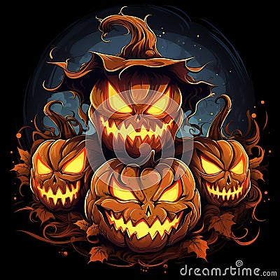 Four pumpkins with carved faces, AI-generated. Stock Photo