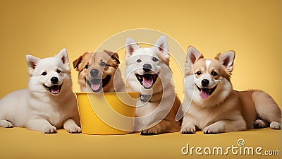 Four puppies sitting side by side in a happy mood Stock Photo