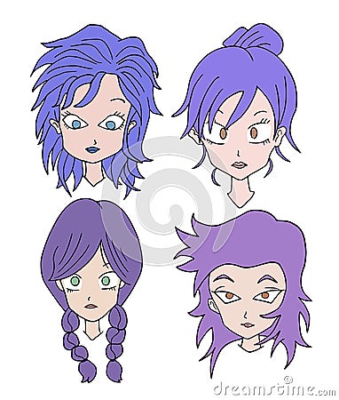 Four purple hair women faces Vector Illustration