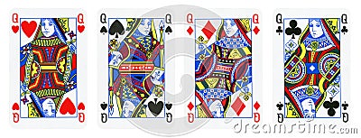 Four Queens Playing Cards - isolated on white Stock Photo