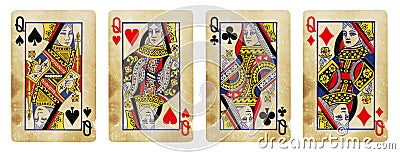 Four Queens Vintage Playing Cards - isolated Stock Photo
