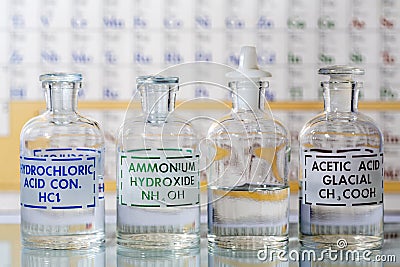 Four reagent bottles Stock Photo