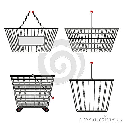 Four realistic metallic chrome wire empty baskets of different shapes. Vector illustration Vector Illustration