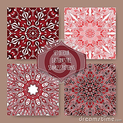 Four red ethnic eastern style seamless patterns. Vector Illustration