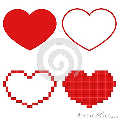 Four red vector hearts in simple, line and pixel version isolated on white background Stock Photo