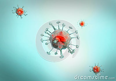 Four red virus cells on light blue background Stock Photo