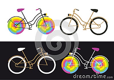 Four retro bikes icons on white and black background, simple and funny colorful bike Vector Illustration