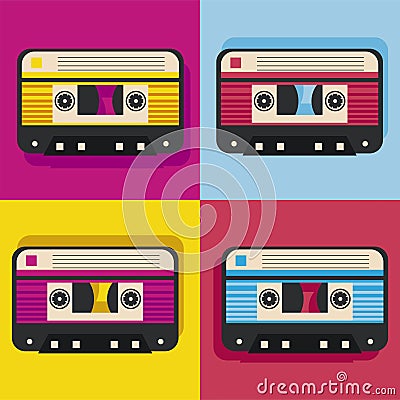 four retro pop art cassettes Vector Illustration