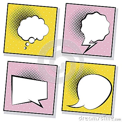 four retro speech bubbles drawn pop art style in pink and yellow backgrounds Vector Illustration