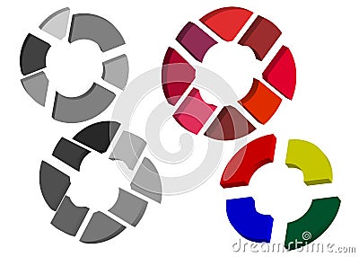 Four round diagrams. Two color and two black and white. Parts of the whole, an illustration of the distribution of roles. Business Cartoon Illustration