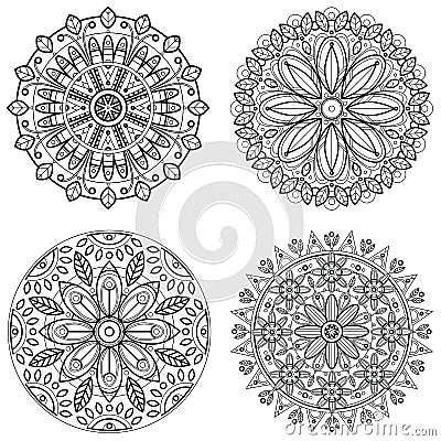 Four round ornaments - spring flower. Mandala set for coloring book. Abstract vector lace designs. Vector Illustration