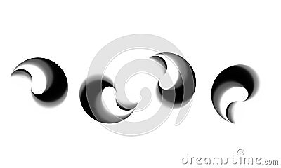 Four round plastic or clay volume monochromatic black and white twirls floating in white space. Stock Photo