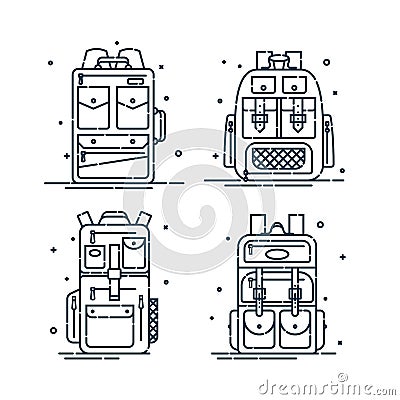 Four rucksack or schoolbags with pockets and zipper element. Education backpack for students and traveling icon. Tourism bag. Vector Illustration