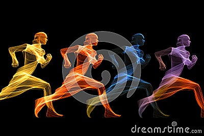 Four runners, depicted in a dynamic and colorful way against a black background. Generative AI Stock Photo