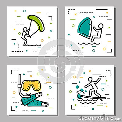 Four sea water activity linear icons Vector Illustration