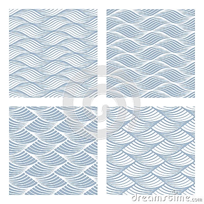 Four sea waves Seamless Patterns Vector Illustration