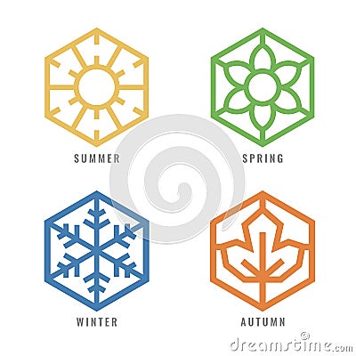 Four season Hexagon icon with sun sign for summer flower sign for spring snow sign for winter and Maple leaf for autumn vector de Vector Illustration