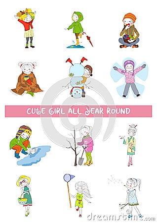 Four season of year calendar with girl. Vector set Vector Illustration