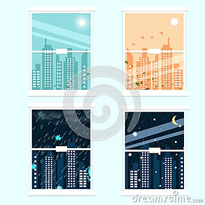 Four seasons in cityscape, season change urban flat design inter Vector Illustration