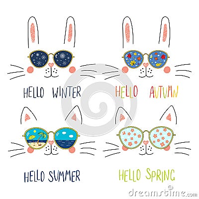 Four seasons cute cat, bunny faces set Vector Illustration