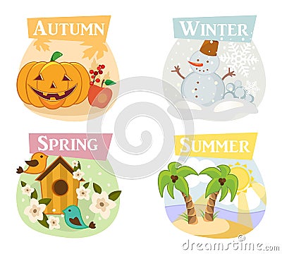 Four seasons flat icons: winter, spring, summer, autumn Stock Photo