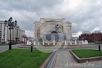 Four seasons hotel in Moscow and Manege Square, blooming flowers Editorial Stock Photo