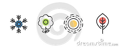 Four seasons icon set. 4 Vector graphic element illustrations representing winter, spring, summer, autumn. Snowflake, flower, sun Vector Illustration