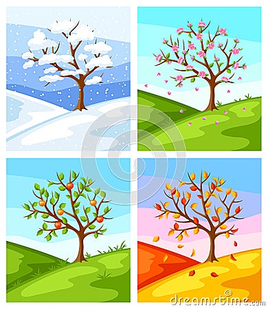 Four seasons. Illustration of tree and landscape in winter, spring, summer, autumn. Vector Illustration
