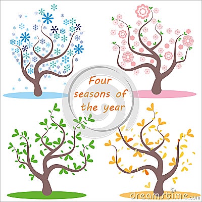 Four seasons. Illustration of tree and landscape in winter, spring, summer, autumn Vector Illustration