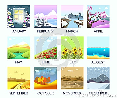 Four seasons month nature landscape winter, summer, autumn, spring vector flat scenery Vector Illustration