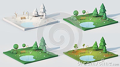 Four seasons in park low poly scene 3D render Stock Photo