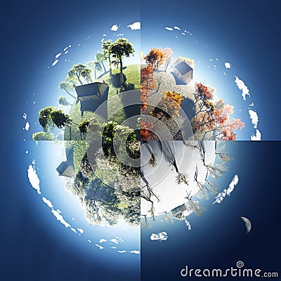 Four seasons on small planet Cartoon Illustration